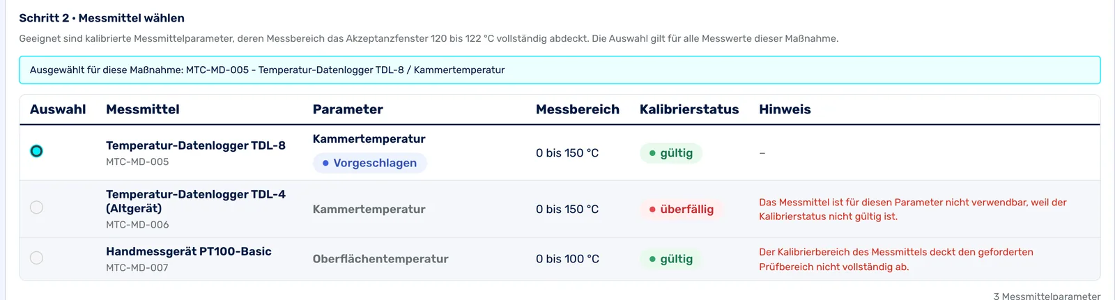 Messmittelauswahl: ein Datenlogger ist vorgeschlagen, ein überfälliges Gerät und ein Gerät mit zu kleinem Messbereich sind gesperrt